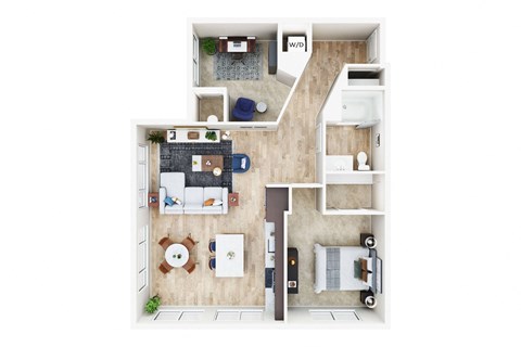 Floor plan for 1 bed, 1 bath, 969 sqft